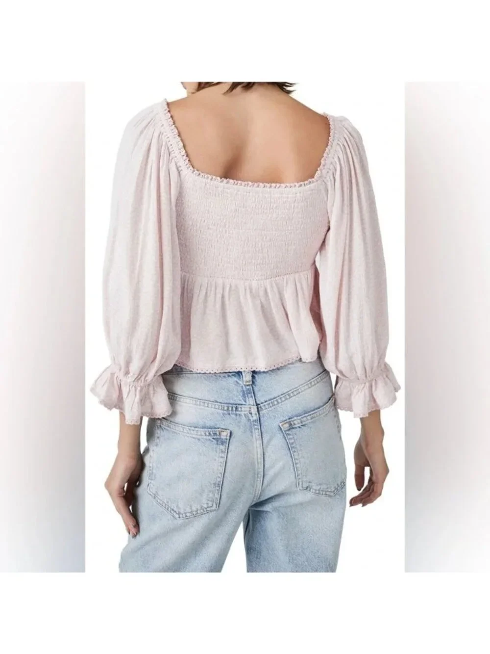 Free People XL Pink Brittnee Print Smocked Peplum Top Boho Coquette Feminine